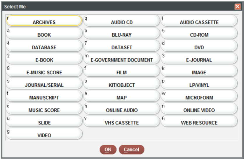 Screen capture of window that says 'Select Me' with items like 'Archives' and 'E-Book'