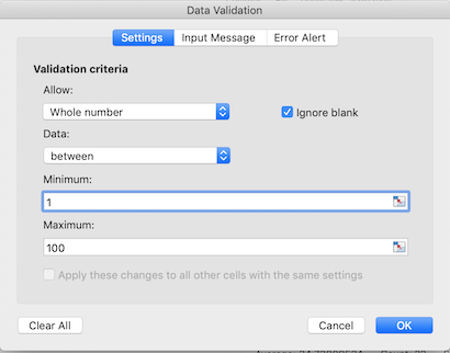 Image of Data Validation window for validating plot values