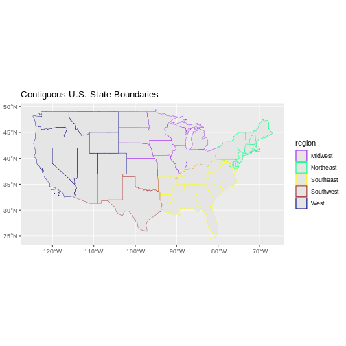 Map of the continental United States where the state lines are colored by region.