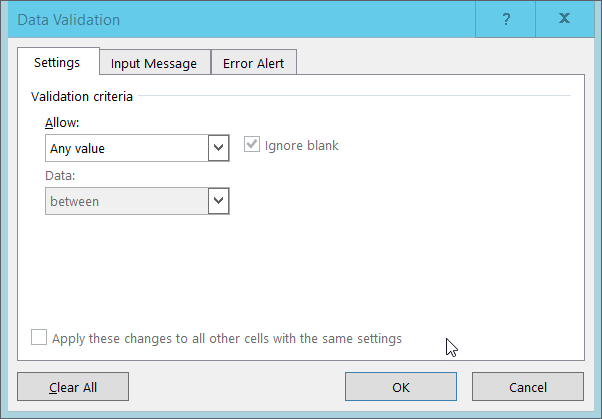 Image of data validation tab in Excel